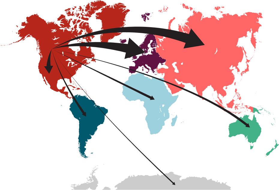 A map of the world showing the most popular continents that Canadians searched for flights to.